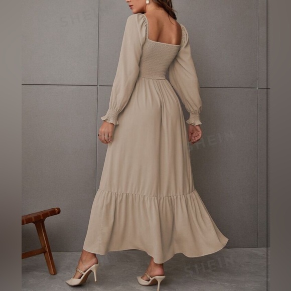 SHEIN Khaki Square Neck Shirred Ruffle Hem Dress- Size M - Picture 2 of 13